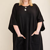 Black Round Neck Poncho Sweater with Pockets