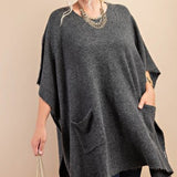 Charcoal Round Neck Poncho Sweater with Pockets