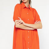 Red Button Front Bubble Sleeve Dress