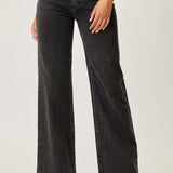 Black Mid Rise Flap Wide Leg Denim