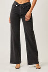 Black Mid Rise Flap Wide Leg Denim