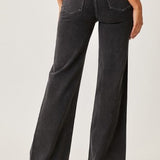 Black Mid Rise Flap Wide Leg Denim