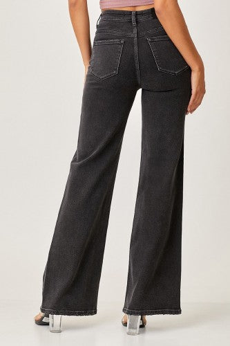 Black Mid Rise Flap Wide Leg Denim