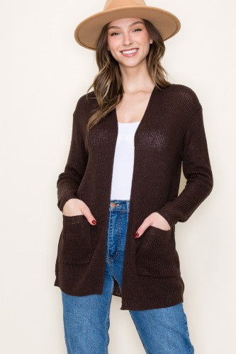 Open Front Loose Weave Cardigan with Pocket