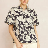 Black Floral Button Up Puff Sleeve