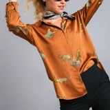 Brown Satin Animal Print Button Front