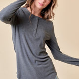 Heather Grey Brush Ribbed L/S Henley with Buttons