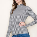 Black White Stripe Turtle Neck with Button Sleeve