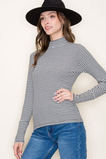 Black White Stripe Turtle Neck with Button Sleeve