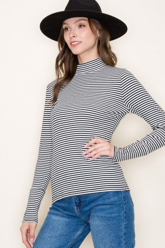 Black White Stripe Turtle Neck with Button Sleeve