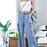 Distressed Washout High Waist Cargo Pant