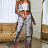 Black Mesh Pearl Tie Waist Kimono