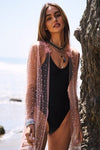 Pink Mesh Pearl Tie Waist Kimono