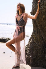 Pink Mesh Pearl Tie Waist Kimono