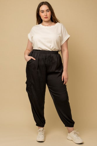 Black Satin Cargo Joggers