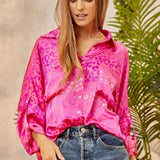Magenta Satin Cheetah Button Front Top