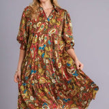 Mocha Satin Tiered Paisley Midi Dress