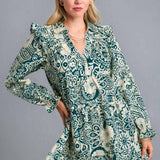 Peacock Mix Paisley Print L/S Tiered Dress