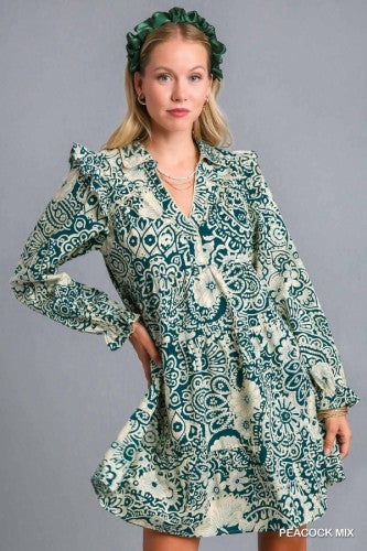 Peacock Mix Paisley Print L/S Tiered Dress
