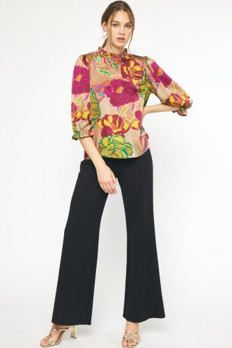 Mocha Floral Print Flutter Mock Neck Top