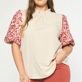 Natural Mock Neck Puff Embroidered Sleeve Blouse