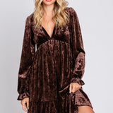 Brown Velvet Long Sleeve Flutter Dress