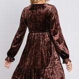 Brown Velvet Long Sleeve Flutter Dress