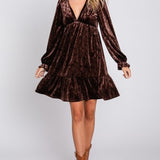 Brown Velvet Long Sleeve Flutter Dress
