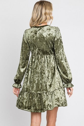 Olive Velvet Long Sleeve Flutter Dress