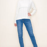 Ivory + Grey Patch Stitch Mock Neck Sweater