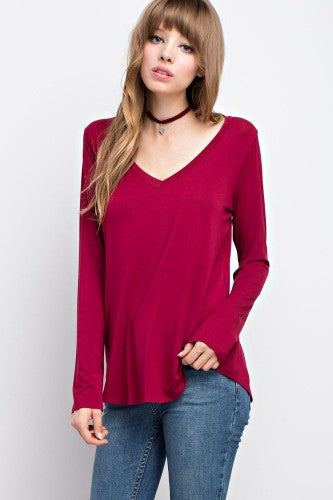 Burgundy Bamboo L/S V Neck