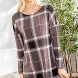 Grey Plaid Scoop Hem Blouse
