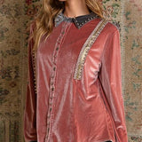 Pink + Charcoal Luxe Velvet Contrast Stud Shirt