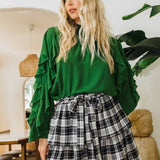 Hunter Green Smock Neck Ruffle Flounce L/S Blouse