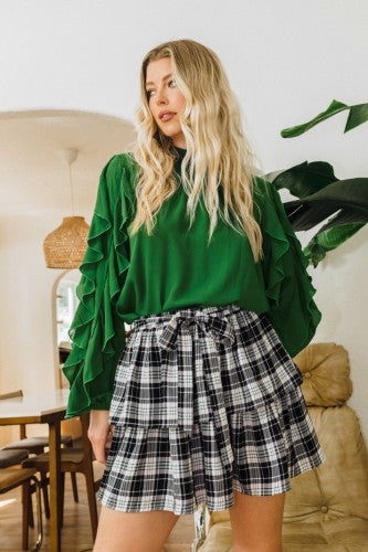 Hunter Green Smock Neck Ruffle Flounce L/S Blouse