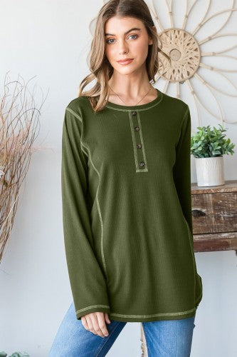 Olive Solid Ribbed L/S with Contrast Stitch