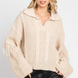 Natural Woven V Neck with Fringe