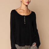 Black Mini Rib Button Long Sleeve