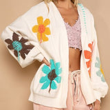 Ivory Floral Open Front Cardigan with Fringe