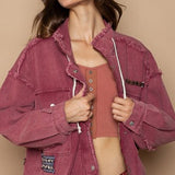 Burgundy Zippered Fray Hem Jacket