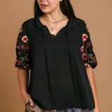 Black Puff Sleeve Embroidered Floral Top