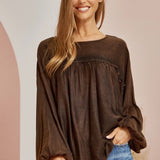 Chocolate Mineral Wash L/S Top with Fray Edge