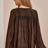 Chocolate Mineral Wash L/S Top with Fray Edge