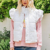 Off White Puffer Vest with Shoulder Ruffle Detail