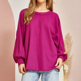 Magenta Waffle Round Neck Tunic Top