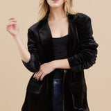 Black Velvet Ruched Sleeve Blazer