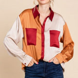 Oatmeal Camel Satin Colorblock Top with Pockets