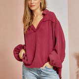Wine Cotton Gauze Split Neck Top