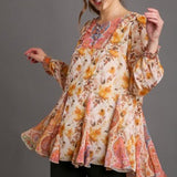 Orange Floral Mix Trumpet Hem Blouse