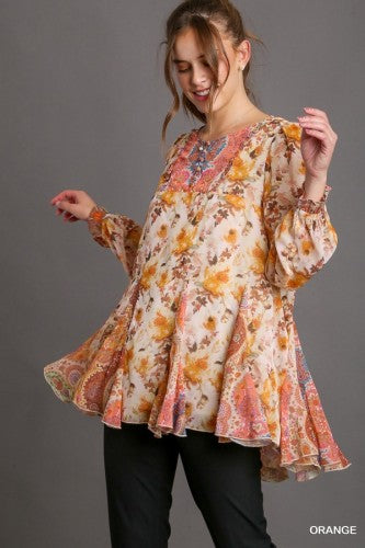 Orange Floral Mix Trumpet Hem Blouse